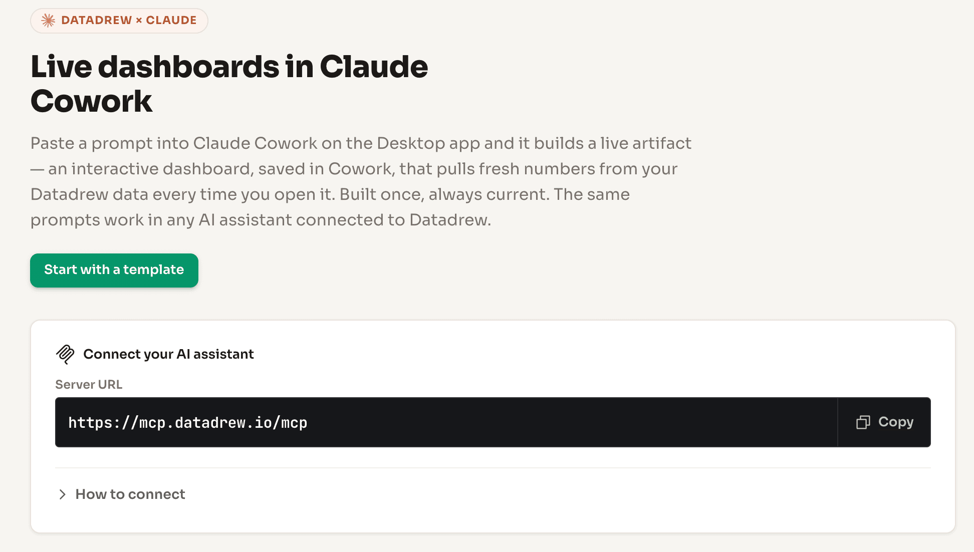 Connecting the Datadrew MCP to an AI assistant: the datadrew.io setup screen showing the server URL mcp.datadrew.io/mcp with a copy button and how-to-connect steps