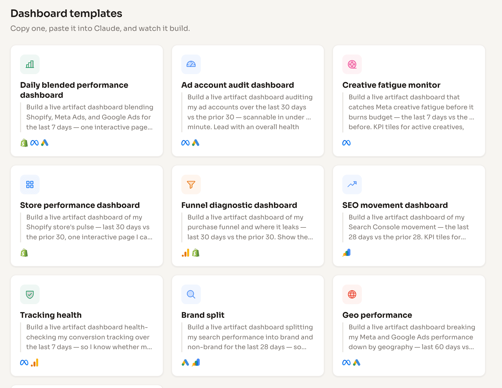Datadrew dashboard template gallery: copyable Claude prompts including daily blended performance, ad account audit, creative fatigue monitor, store performance, funnel diagnostic and SEO movement dashboards